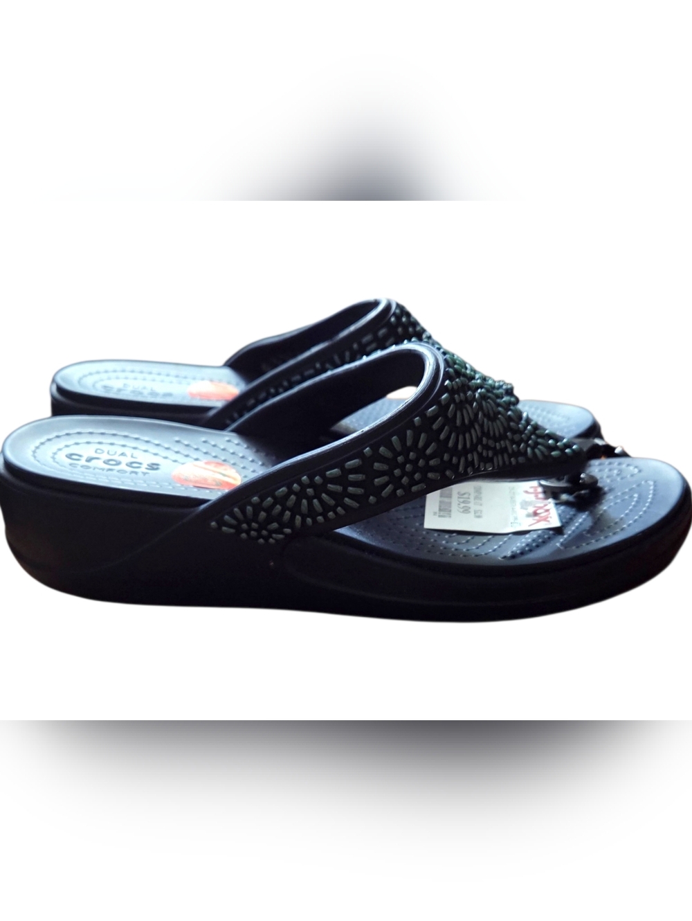 CROCS Navy Jeweled Wedge Flip Flops - Picture 3 of 5